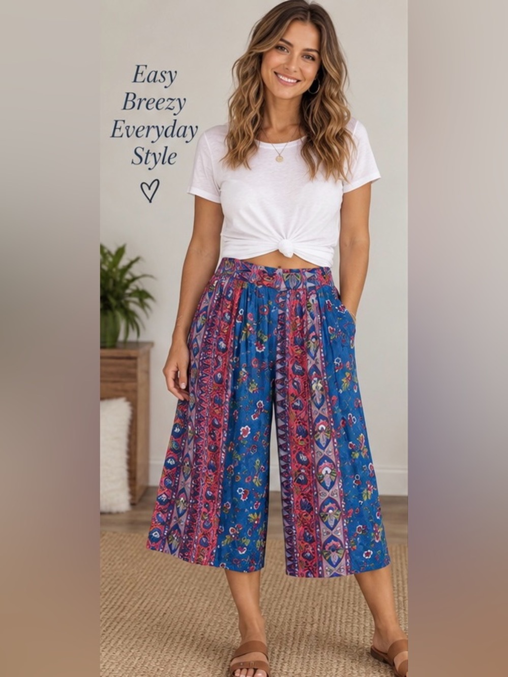 Express Blue Floral Border Print Lightweight Boho Capri Pants